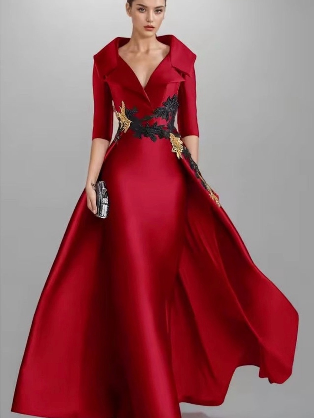 Elegant Red Satin Evening Gown with Black & Gold Appliqué